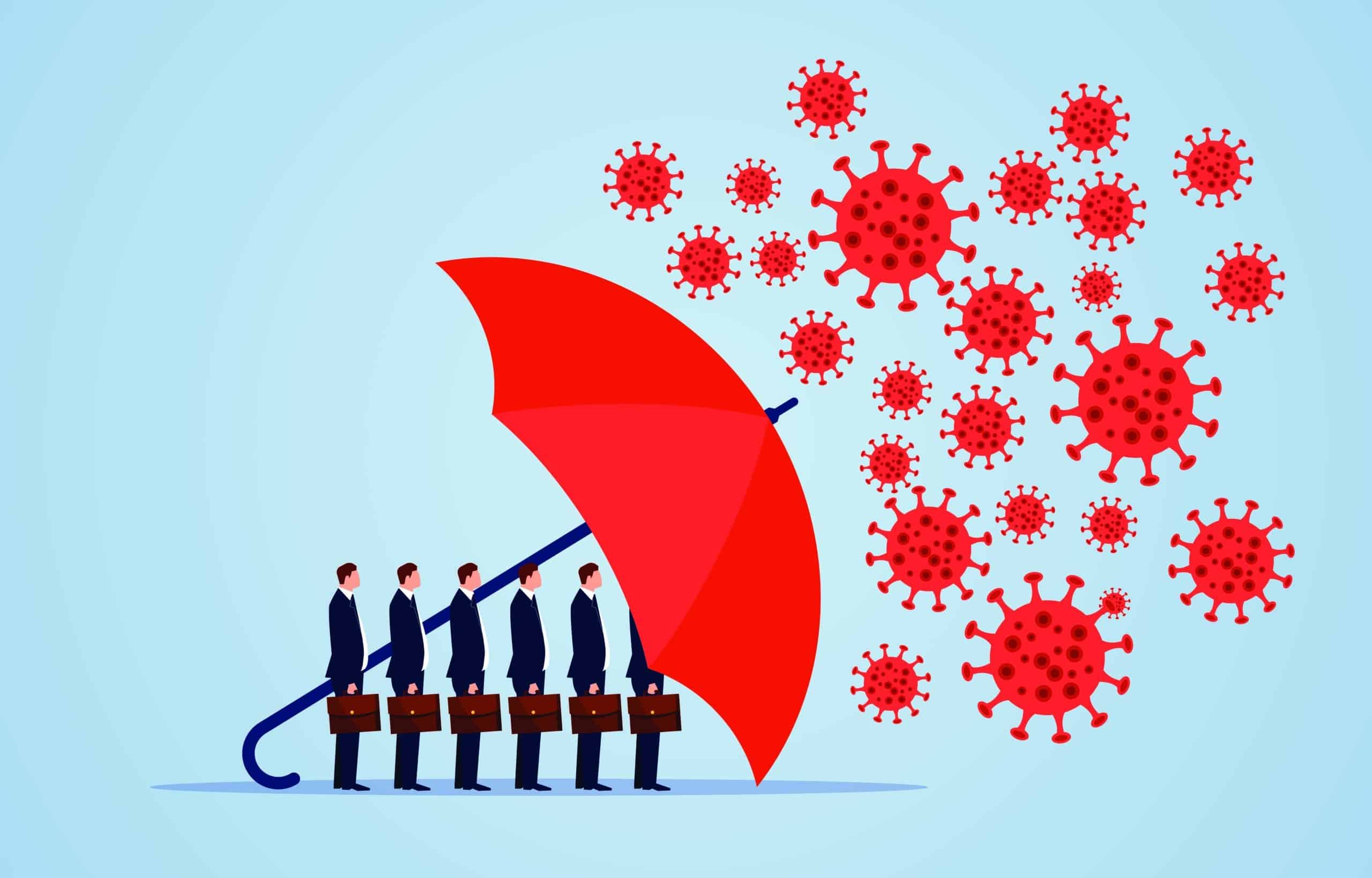 graphic of an umbrella protecting business men underneath it from a virus