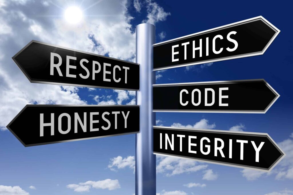 signpost with 5 arrows pointing in different directions with one of the following words on each: ethics, respect, code, honesty, integrity