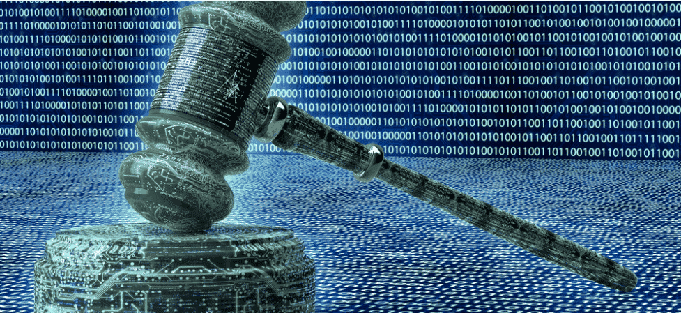 digital gavel with coding in the background