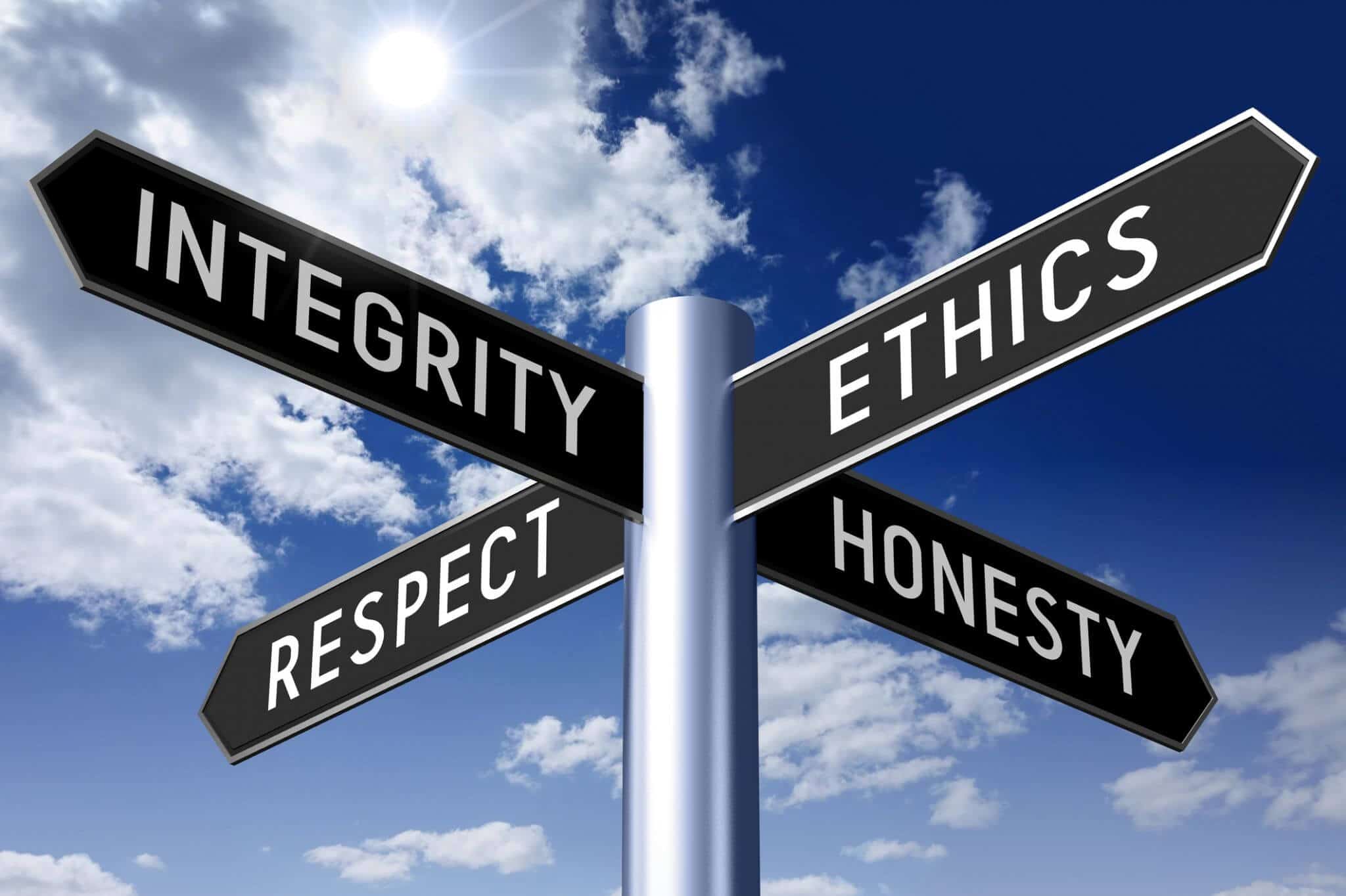 Integrity, ethics, respect, honesty signpost under sky.