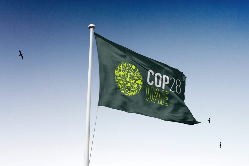 COP28 UAE flag blowing in the wind