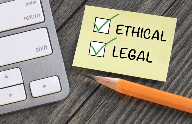 Checklist with the words 'ethical' and 'legal' ticked off