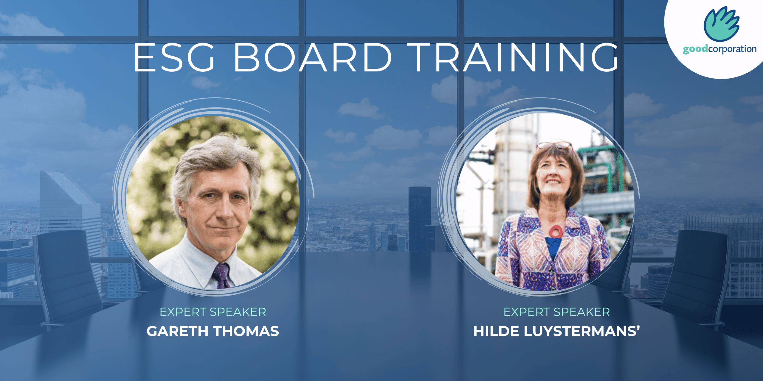 ESG board training promotional banner, background of a board room overlooking a city with photos of Gareth Thomas and Hilde Luystermans below