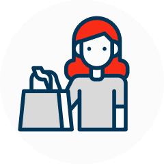 red graphic of a woman holding a shopping bag