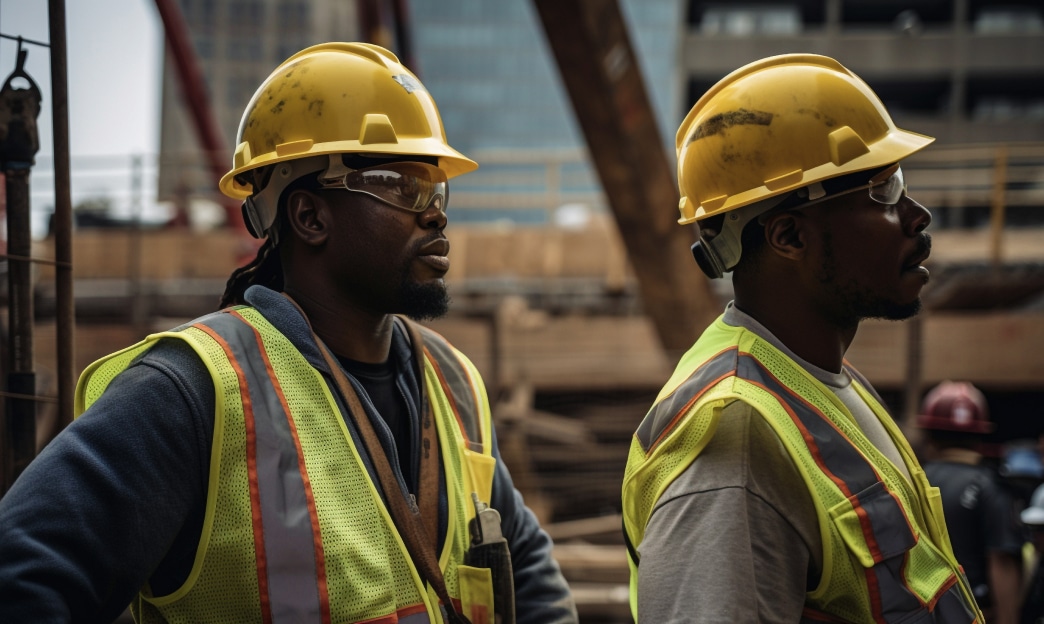 two men in hard hats on a construction site