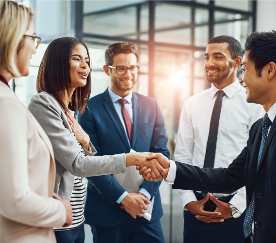 group of colleagues, two shaking hands