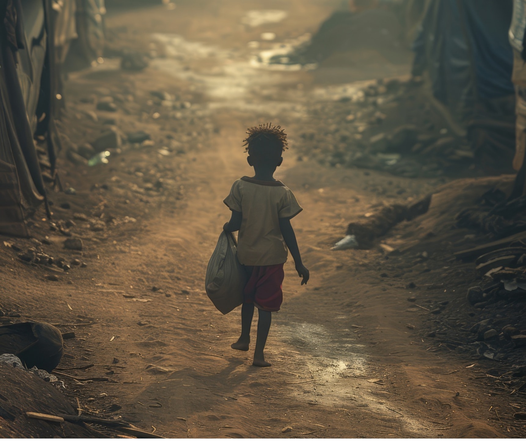 Child walking through an empty street in a refugee camp