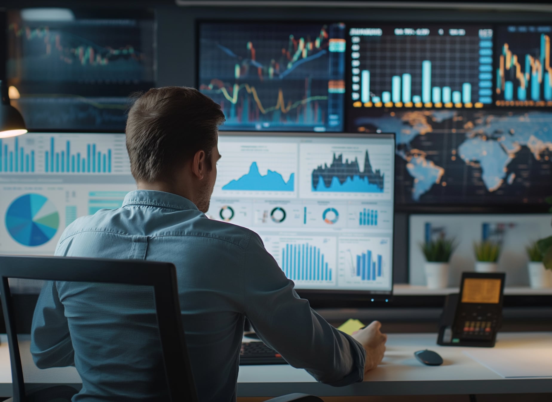 Man sat at his desk in front of lots of screens investing in the stock market