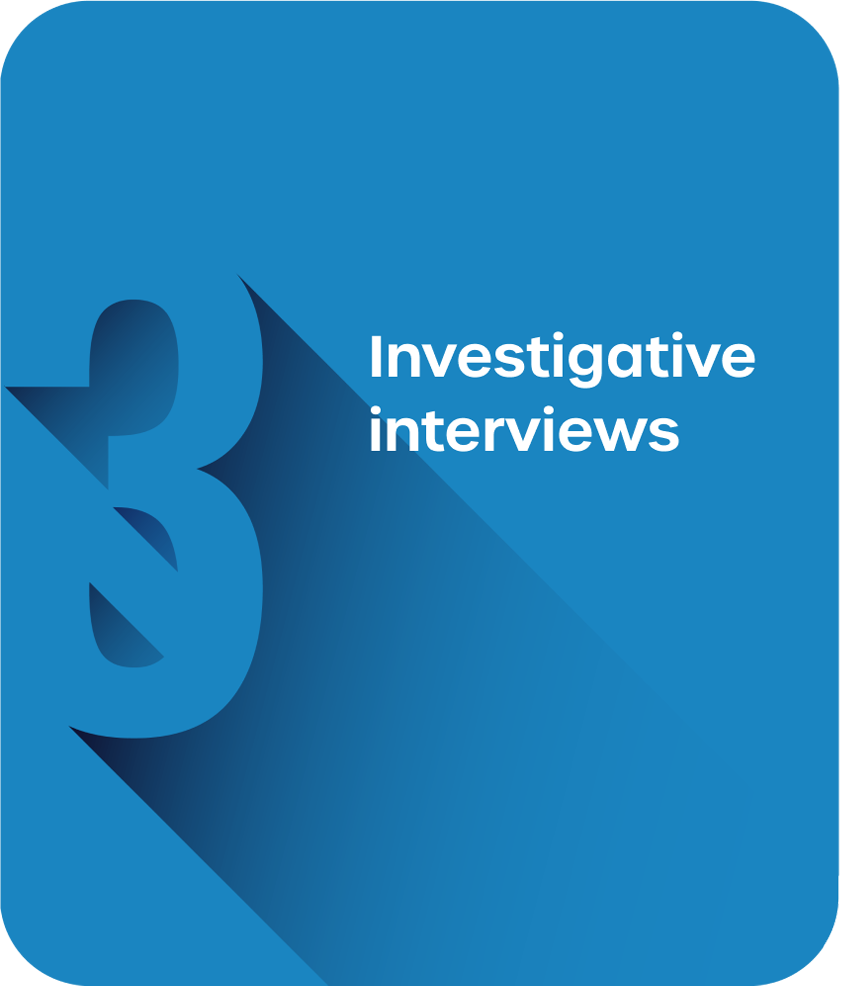 Blue Tag that has the text investigative interviews